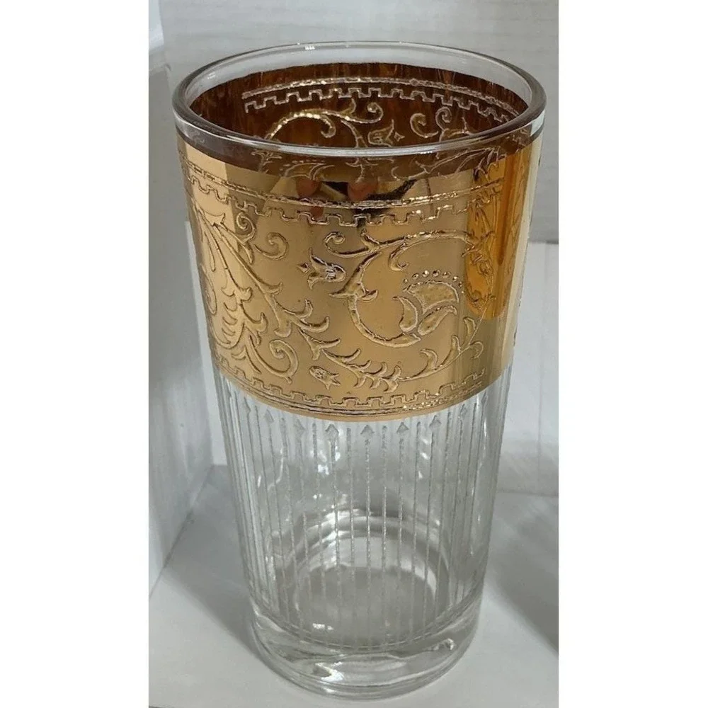 Vintage Gold Encrusted Floral Scroll‎ Highball Glasses Optic Ribbed Set of 4